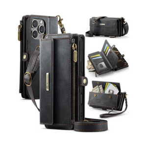 iPhone 16 Pro - CaseMe&trade; Læder Cover med Crossbody Strop - Sort - CaseMe