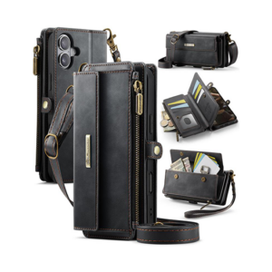 iPhone 16 - CaseMe&trade; Læder Cover med Crossbody Strop - Sort - CaseMe