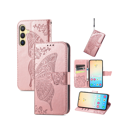 Samsung Galaxy S25 - BUTTERFLY™ Læder Etui / Taske M. Pung - Rose - BUTTERFLY