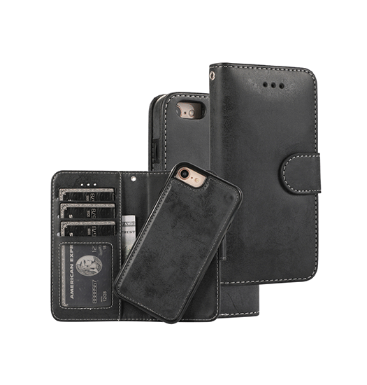 iPhone 7/8/SE(2020/2022) - Vintage 2-i-1 Læder Etui M. Aftageligt Cover - Sort/Grå - Vintage