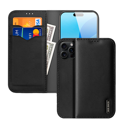 iPhone 16 Pro - DUX DUCIS® Ægte Læder Etui M. Kortholder - Sort - DUX DUCIS
