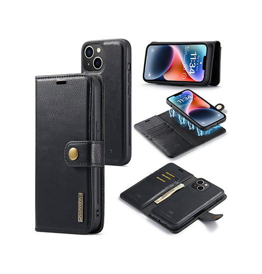 iPhone 14 Plus - DG.MING™ Vintage 2-i-1 Læder Etui M. Cover - Sort - DG.MING™