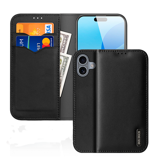 iPhone 16 - DUX DUCIS® Ægte Læder Etui M. Kortholder - Sort - DUX DUCIS